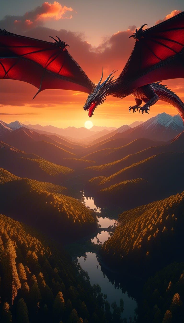 Aerial portrait of a forested mountain valley at sunset, with a large red and gold serpent style Dragon flying in the ba...
