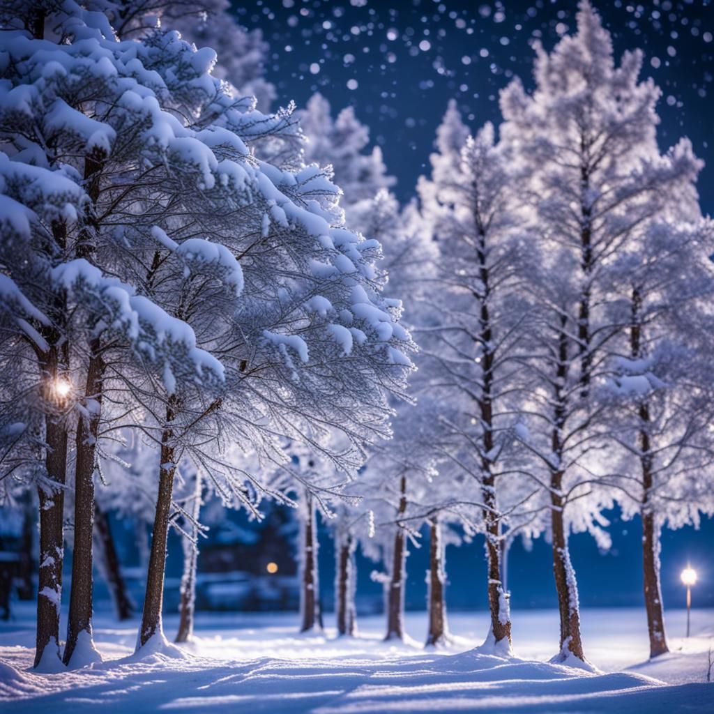 Moonlit Snow-Covered Trees Sparkle Along Driveway