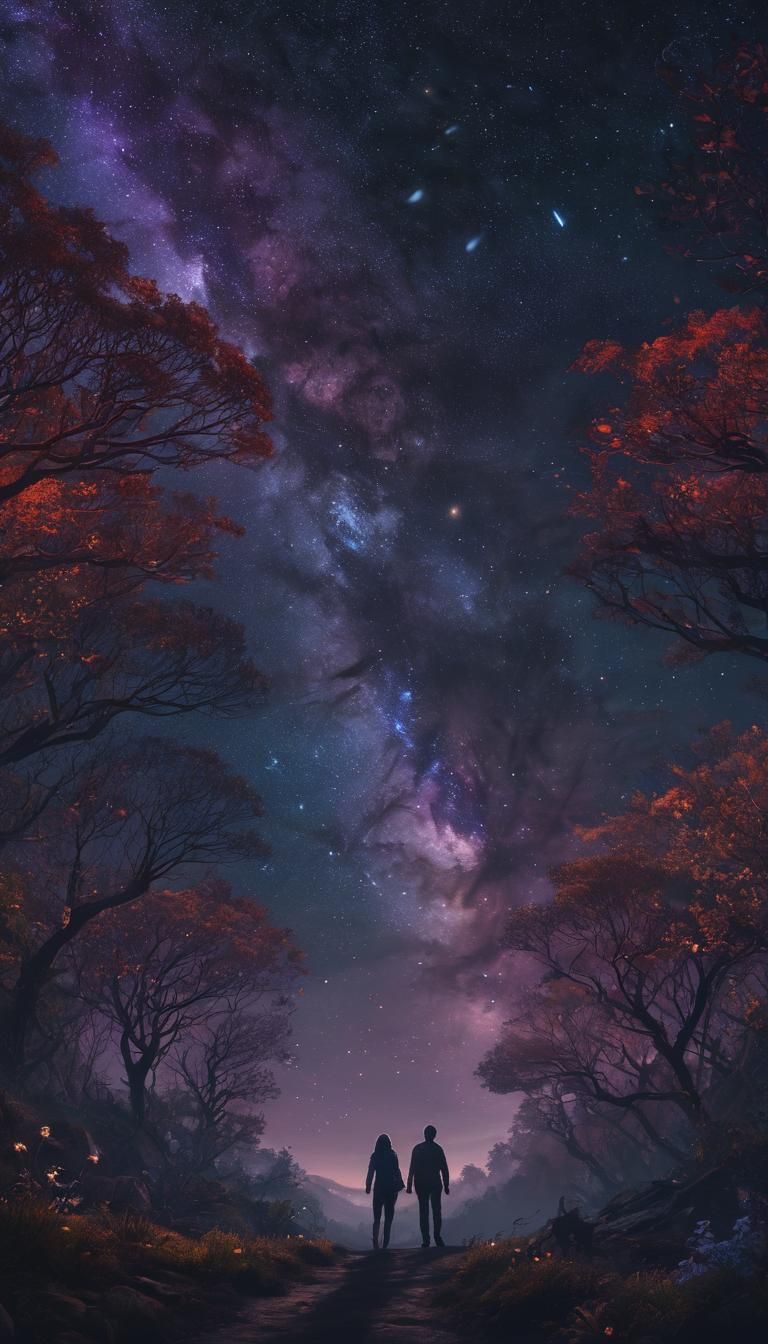 Bioluminescent Fantasy Couple Gazing at Galaxy Sky