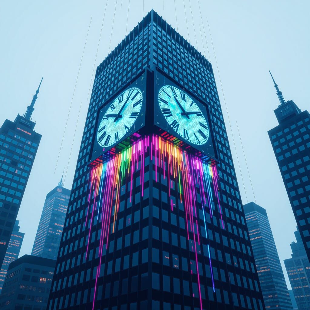 Glitch art. A melting digital clock drips down the side of a skyscraper in a cyberpunk city. Rosa Menkman and Phillip St...