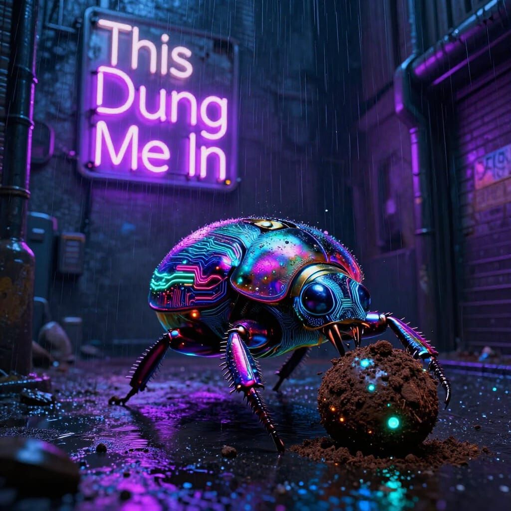 Cyberpunk Dung Beetle in Neon Alleyway