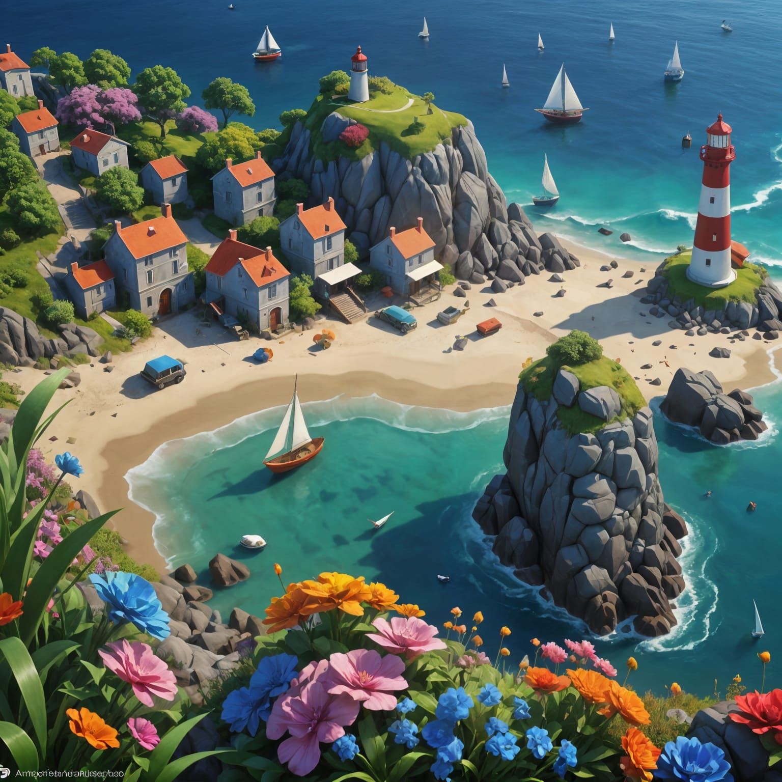 Origami Seascape with Lighthouse and Sailboats