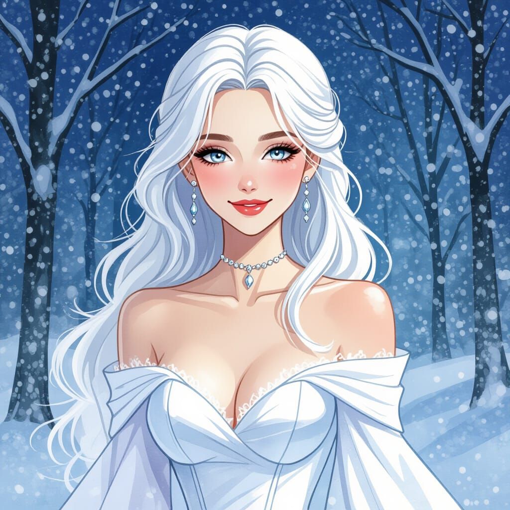 White-Haired Woman in Gothic Watercolor Winter Scene