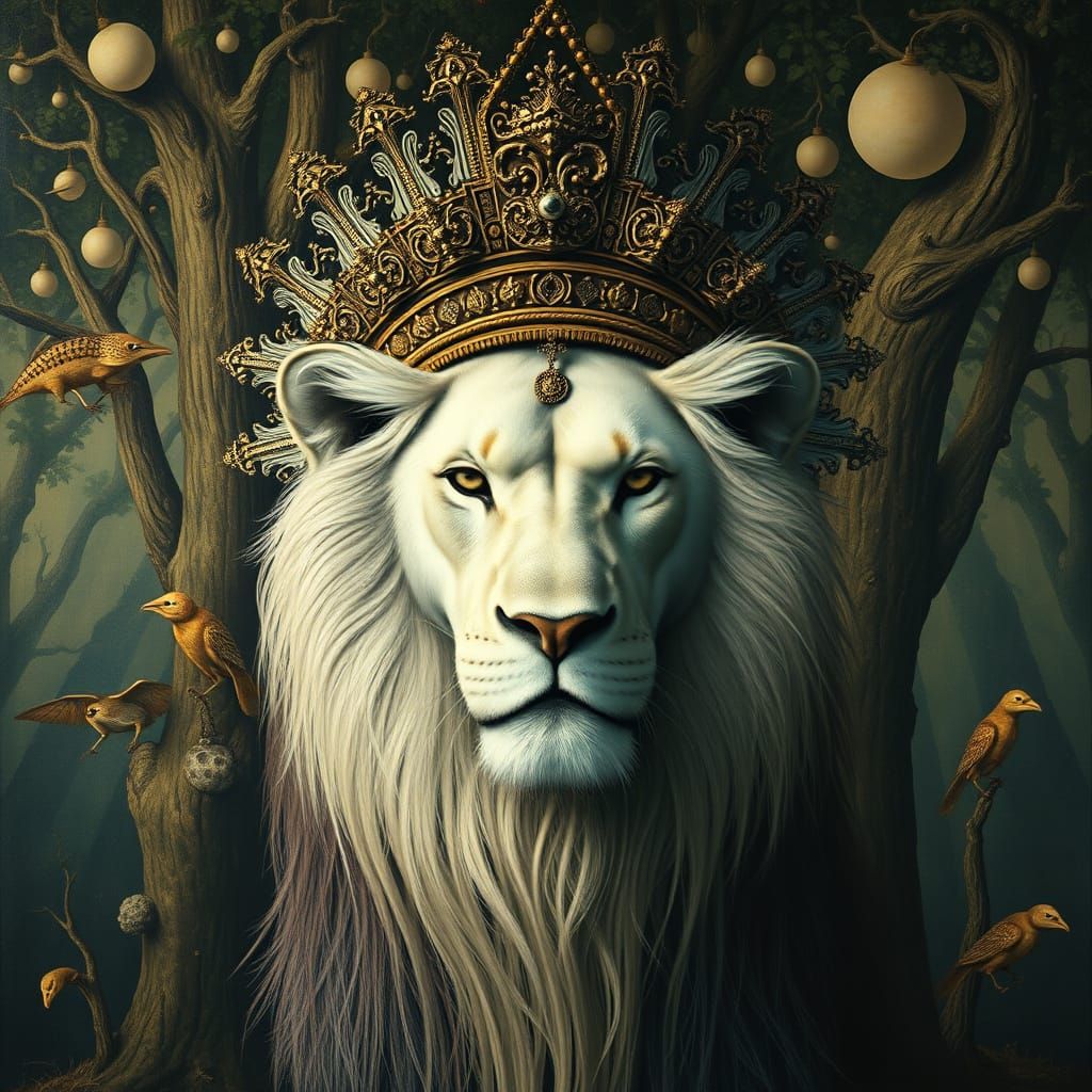 Gothic Lion Stares into Hieronymus Bosch Jungle