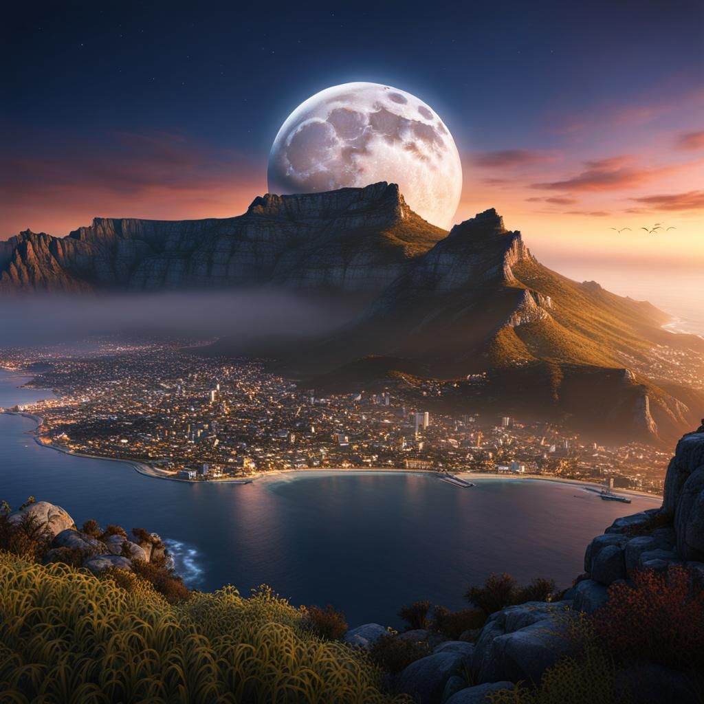 Table Mountain Misty Moon: Detailed Matte Painting