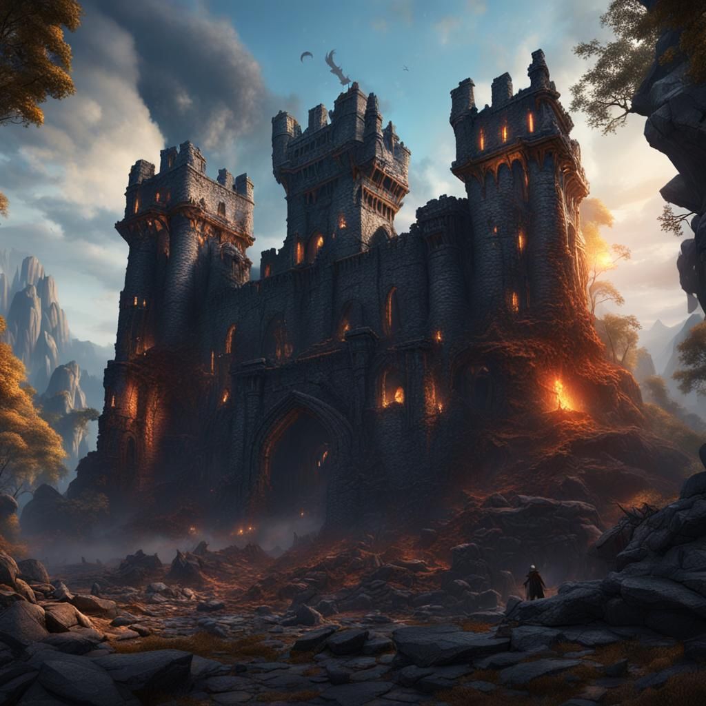 Wyvern in Castle Ruins: Detailed Matte Painting
