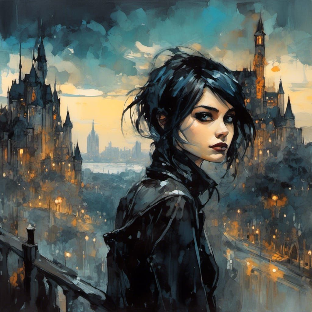 Goth Punk Girl Watercolor Masterpiece with Castle