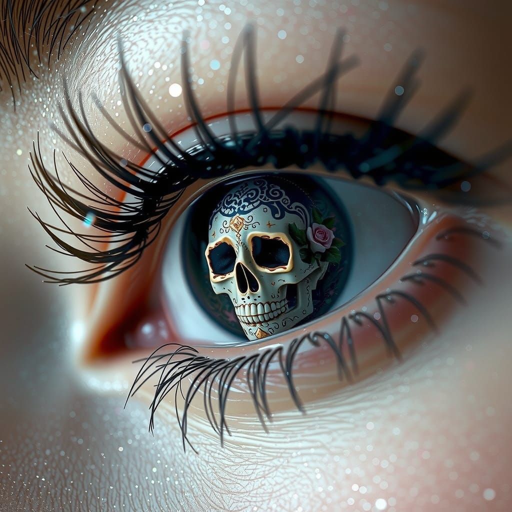 Ornate Skull in Eye with Blooming Lashes