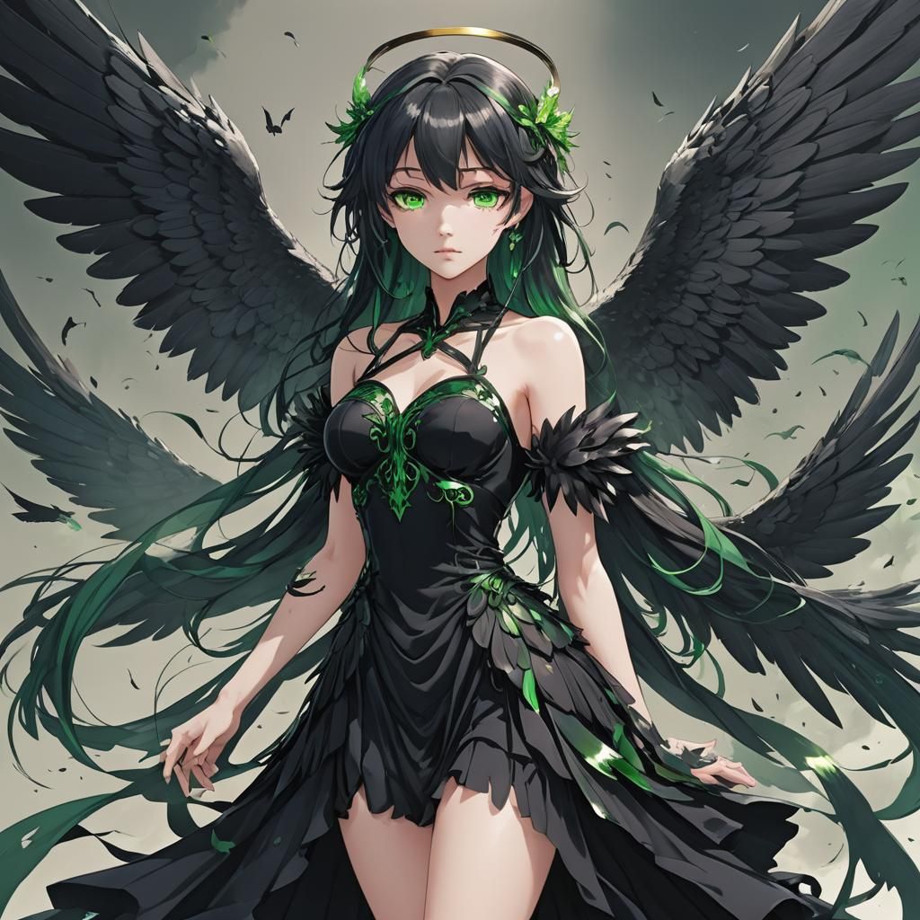 Fallen Angel with Black Wings in Anime Style