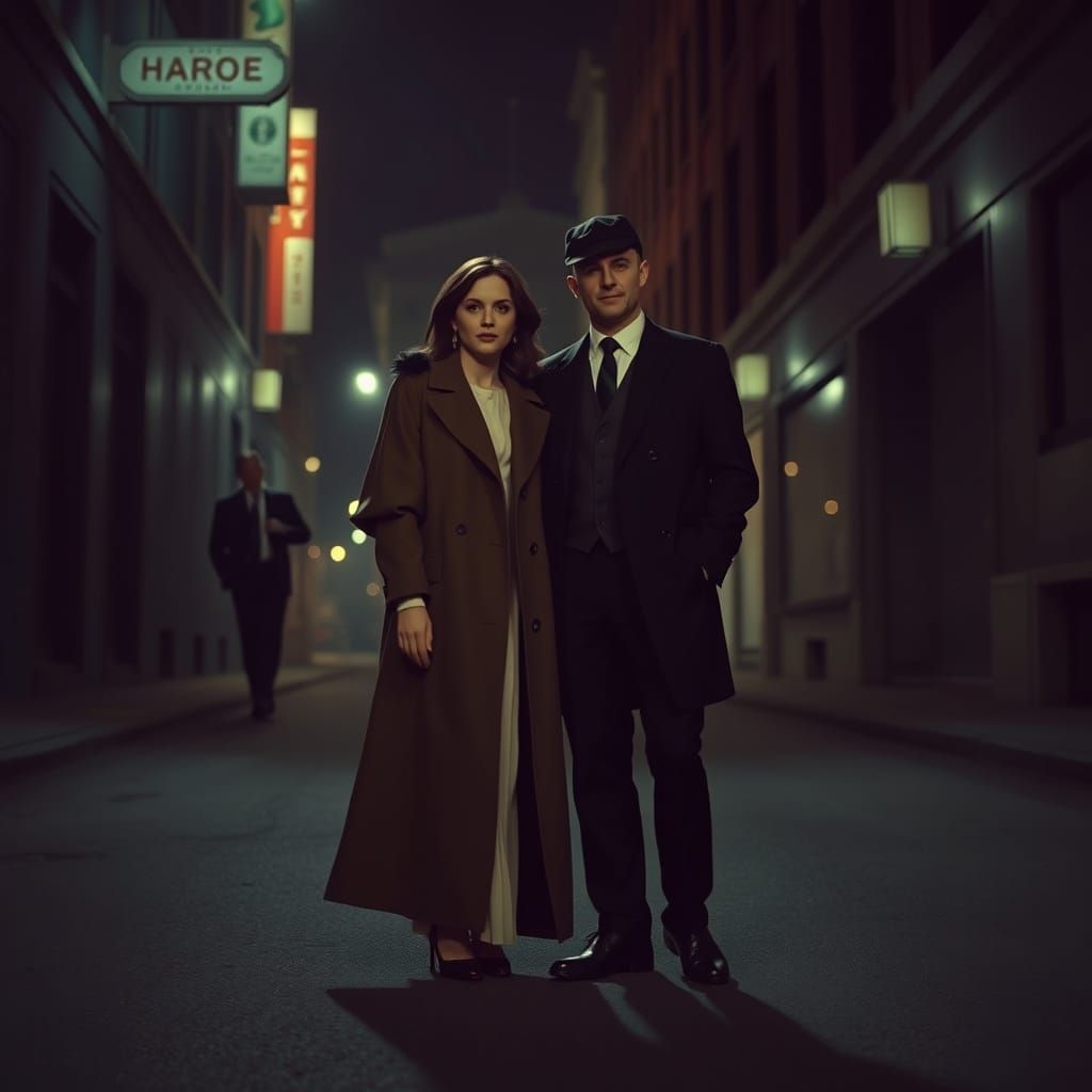 Film Noir Couple in Shadowy City Street
