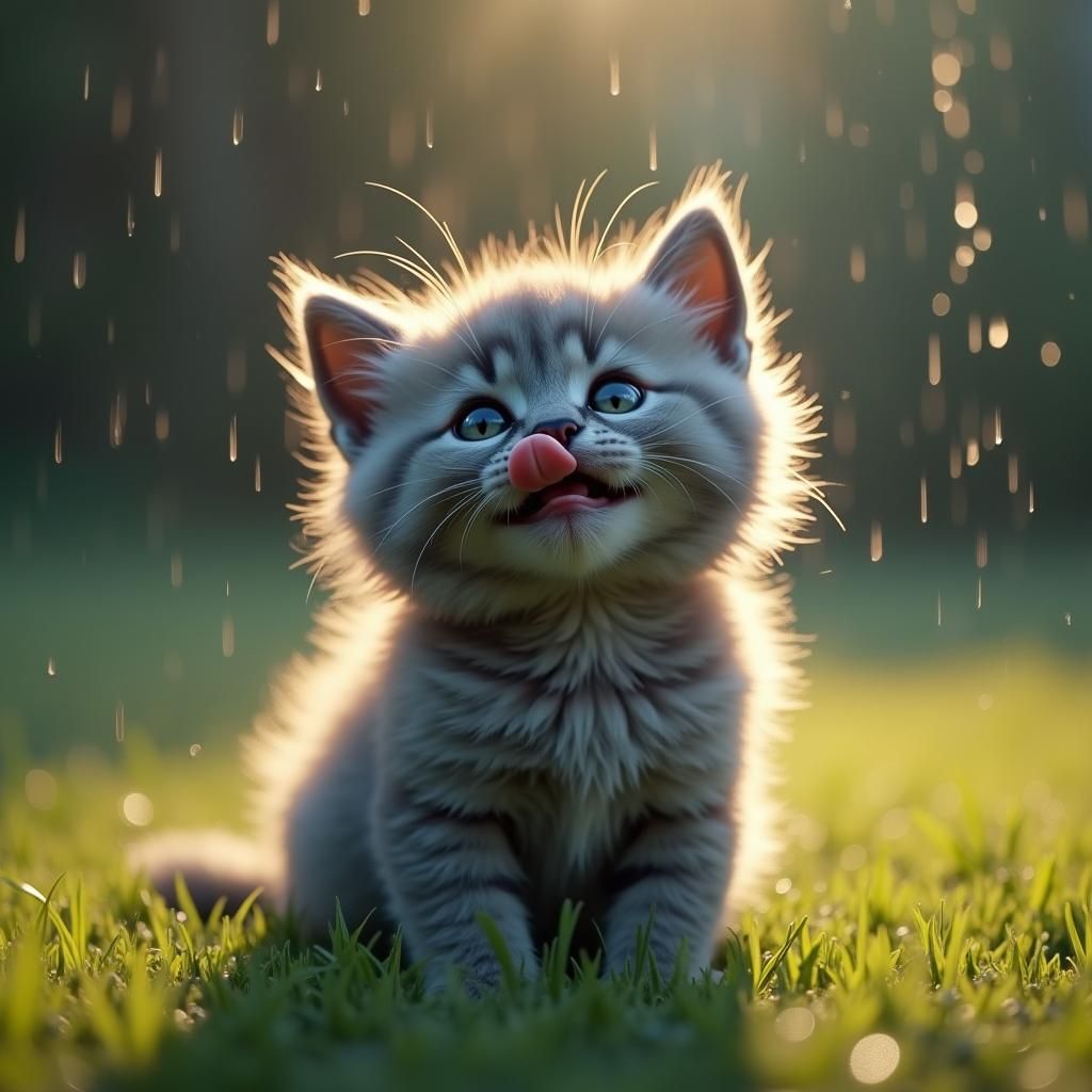 Hyperrealistic Kitten Catches Raindrops on Tongue