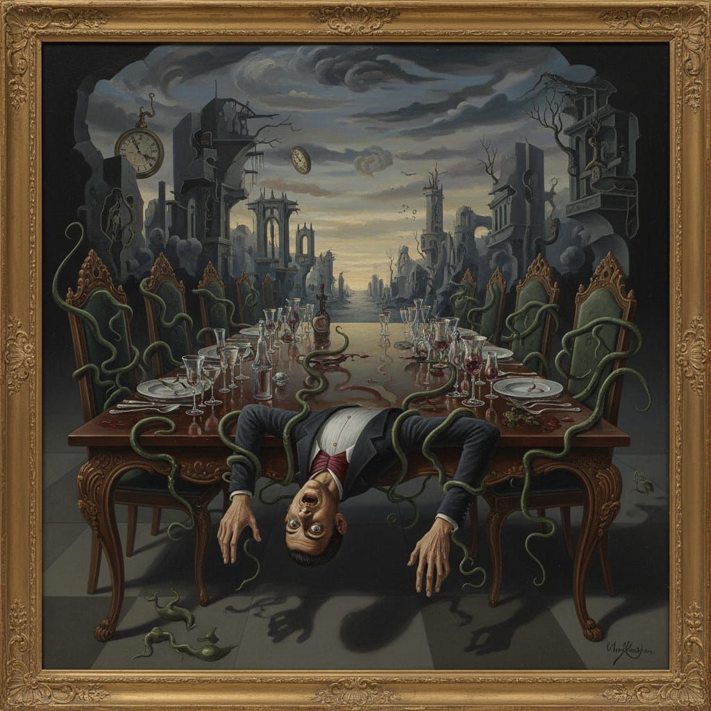 Surreal Feast Devours Host in Dali-Inspired Oil Painting