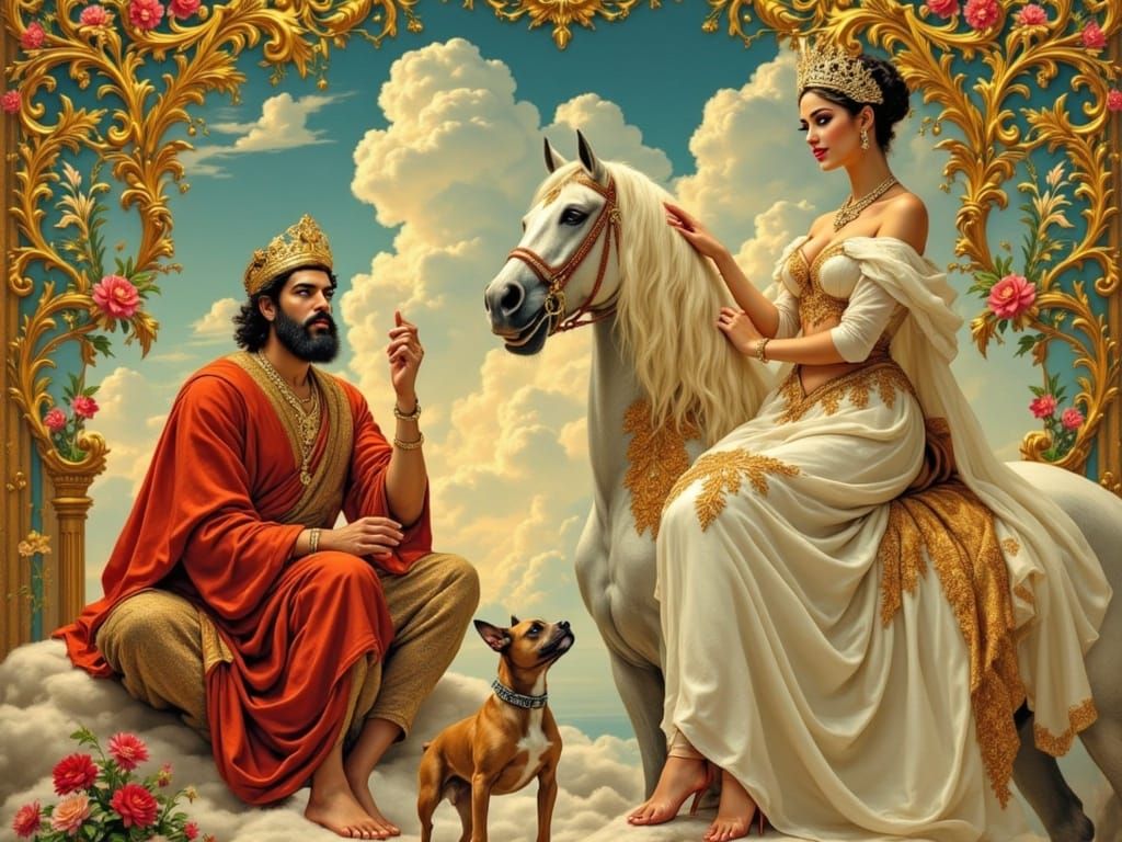 Regal Beauty on a Majestic White Horse, in a Stunning Mural-...