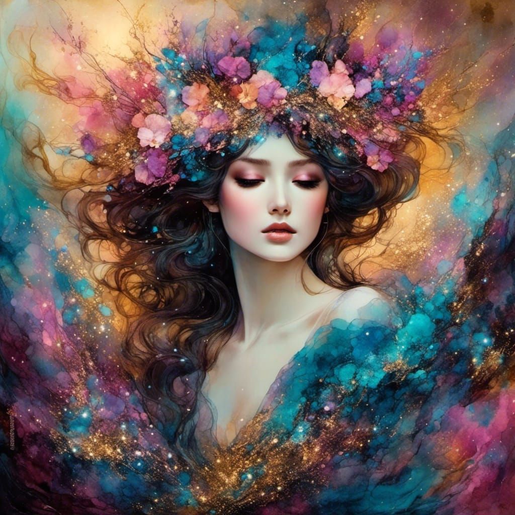 Art Nouveau Lady with Holographic Astral Background