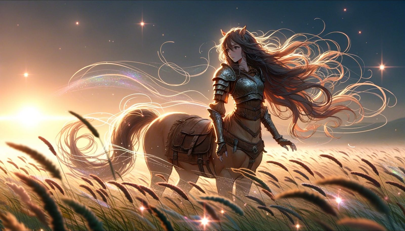 Anime Centaur in Windswept Meadow at Dawn
