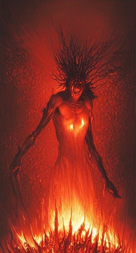 Witch Burning in Hyperrealistic Horror Style