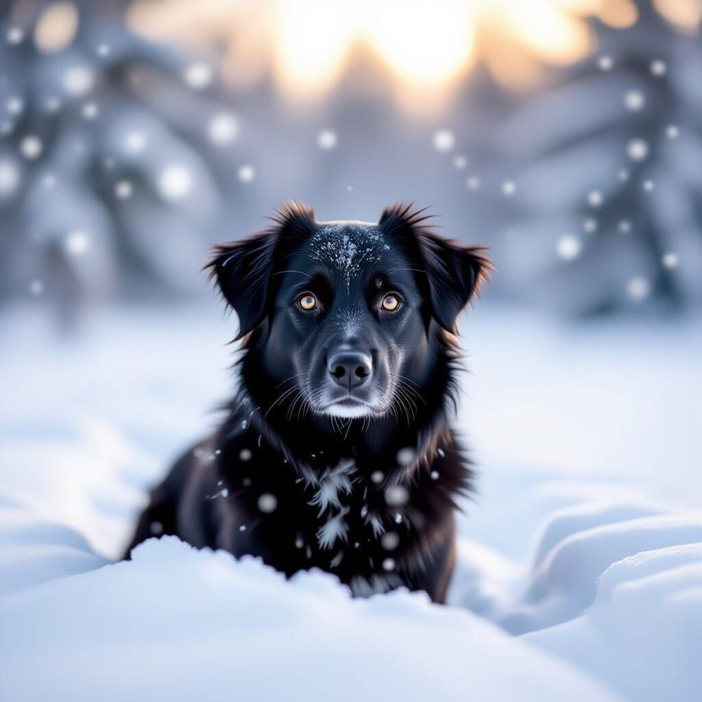 Elegant Black Dog with Grey Eyes in Snowy Landscape