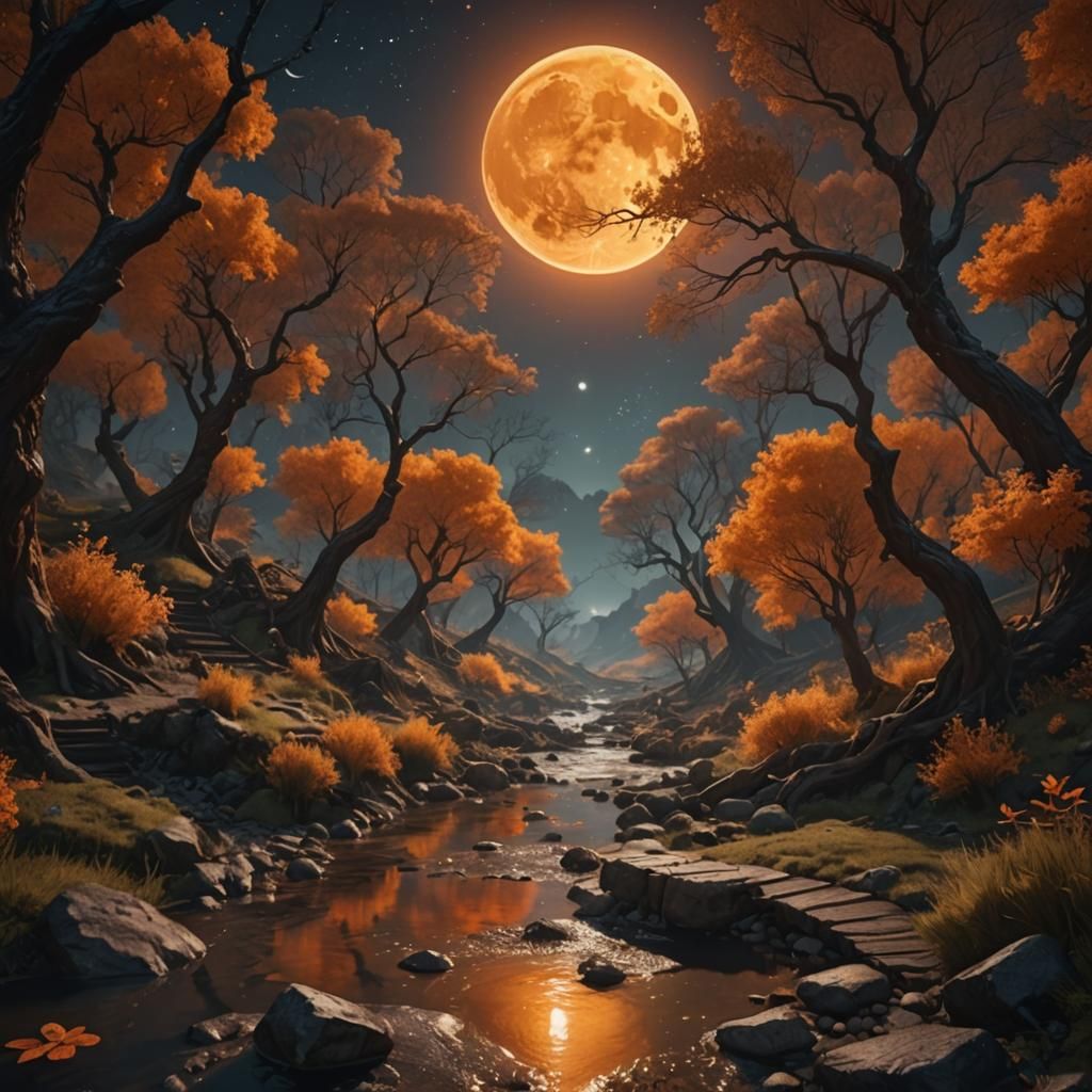 Orange Crescent Moon Over Stream: Fantasy Art