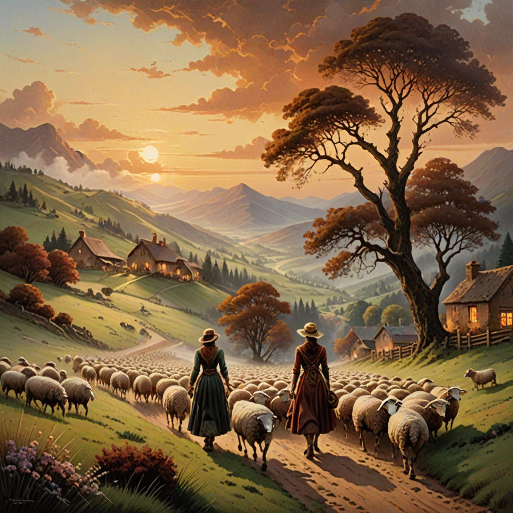 Rustic Sunset Herding Scene in Warm Earth Tones, Boucher-Ins...