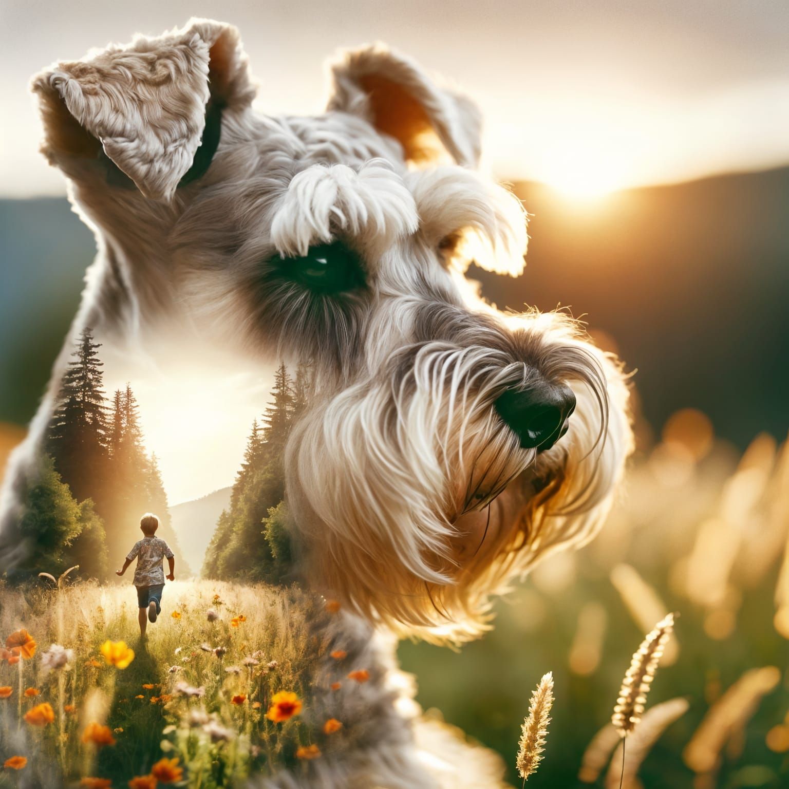 Cinematic Double Exposure: Schnauzer and Meadow Dream