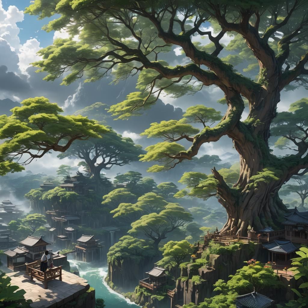 Anime House Under Tree with Dark Sky, 3D Art