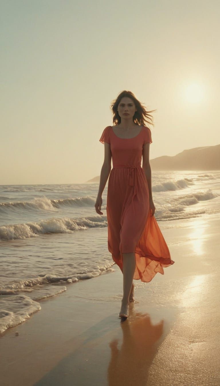 Elegant Woman Strolls by the Beach at Golden Hour