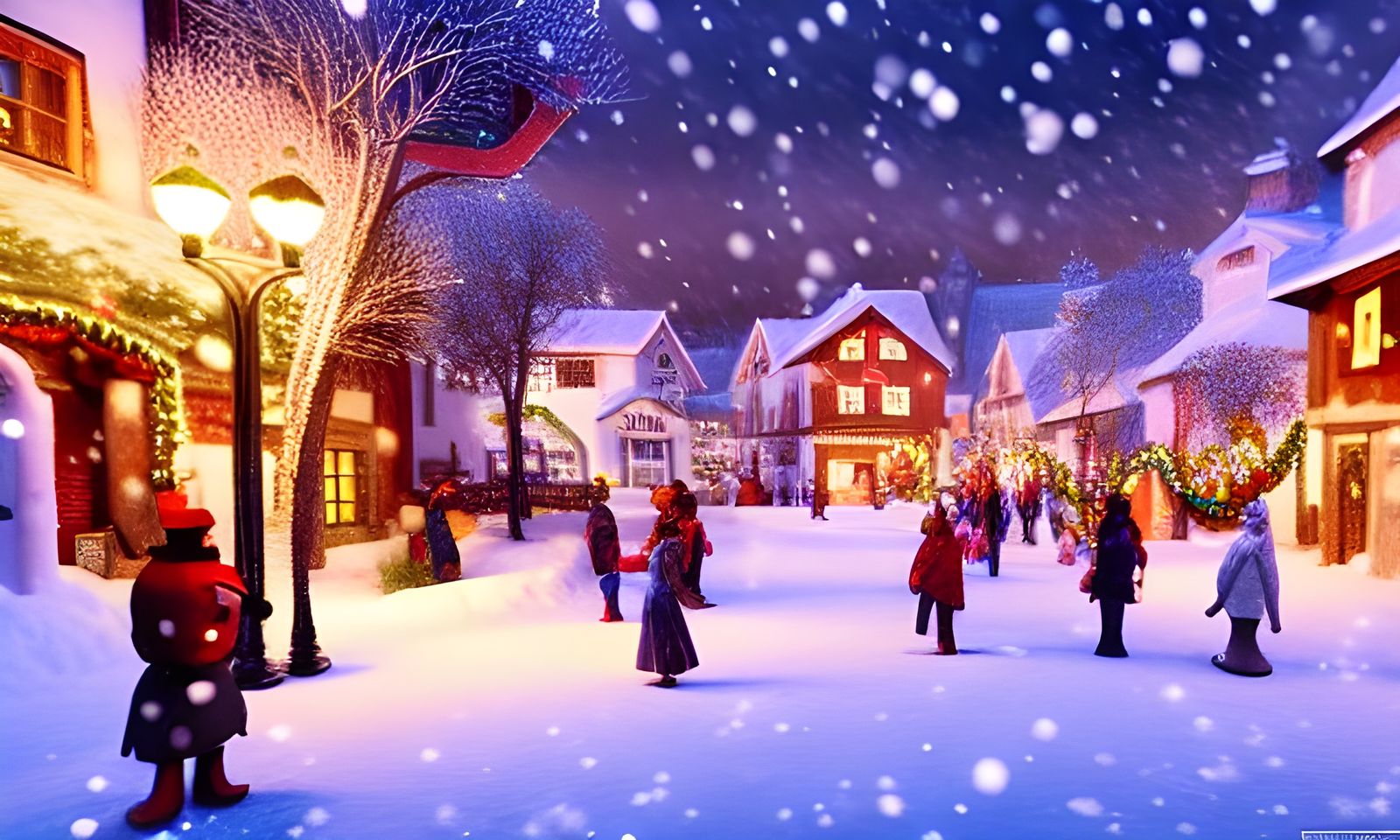 Christmas Village Scene in Neo-Impressionist Style