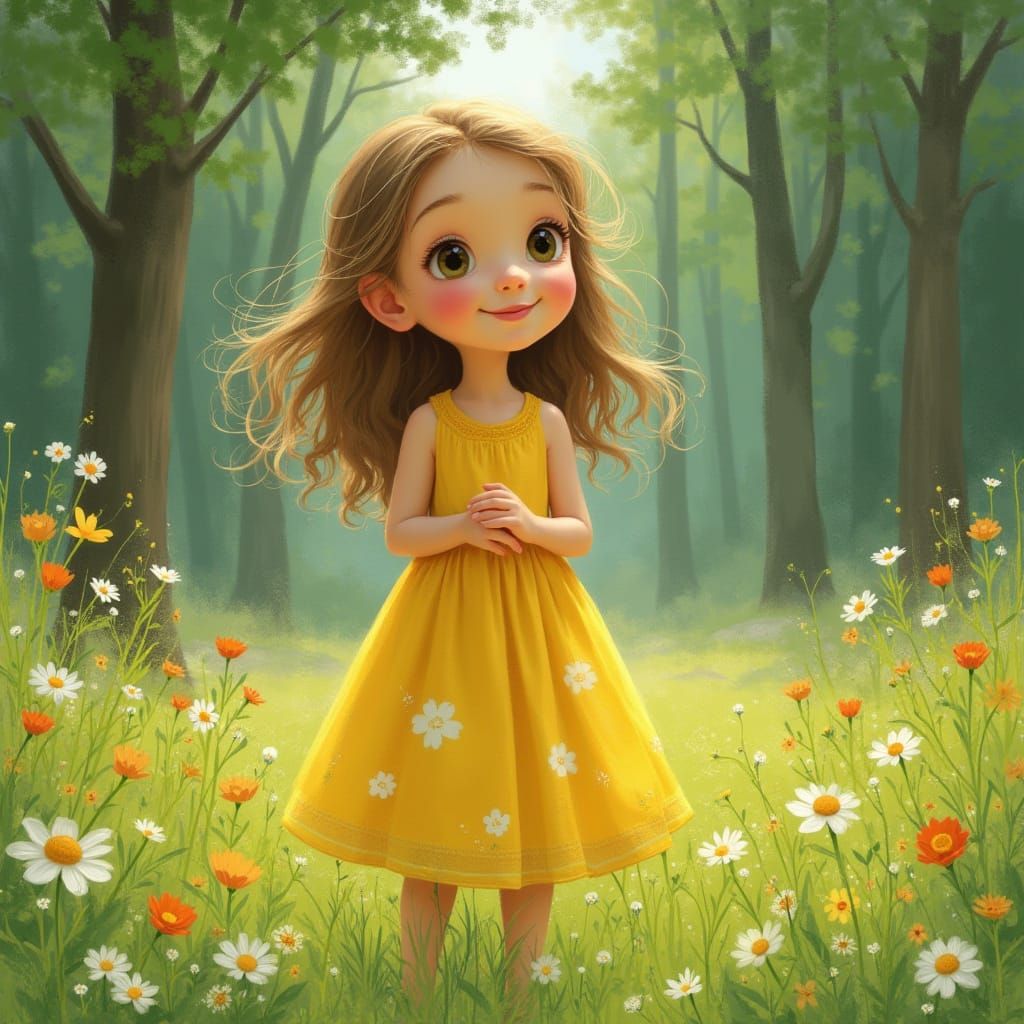 Whimsical Girl in a Lush Impressionist Meadow