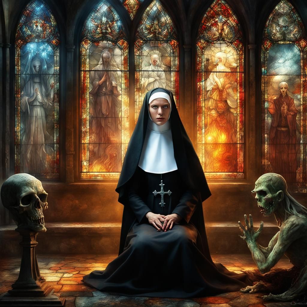Nun and Zombie Prayer: A Digital Horror Painting