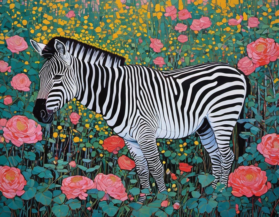 Zebra Amidst Wild Roses in Expressive Painterly Style