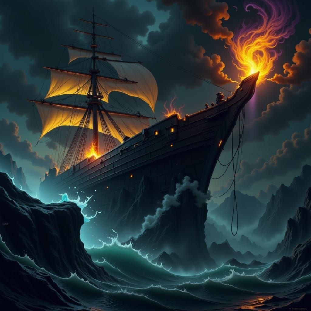 Dark Fantasy Sailing Vessel in Art Nouveau Style