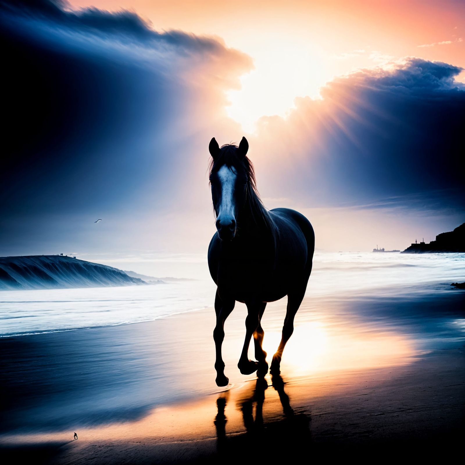White Horse Galloping on Beach at Sunrise