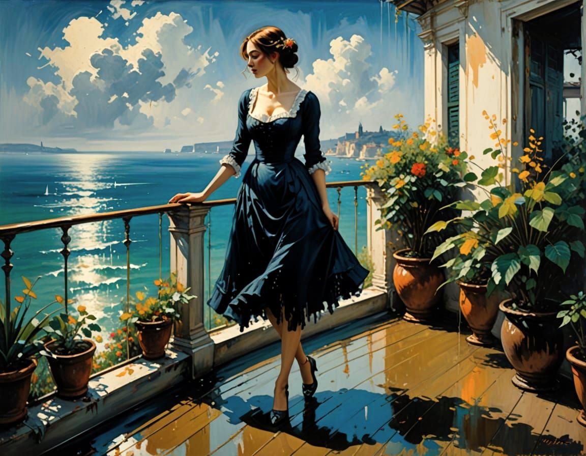 French Balcony View: Oil Painting in Impressionist Style