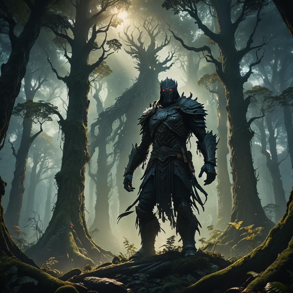 Ominous Figure Emerges from Mystical Forest