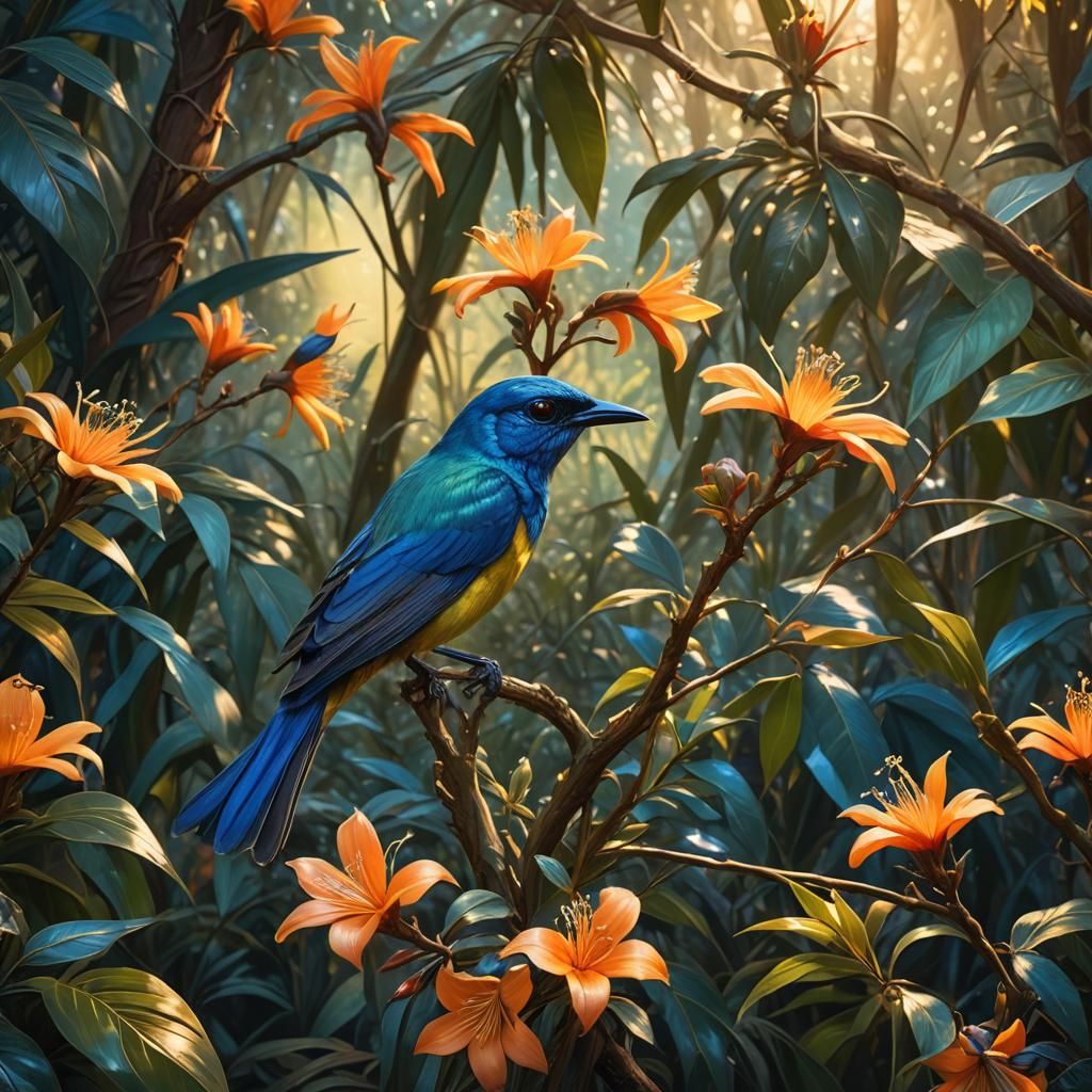 Blue Honeyeater on Iridescent Flower, Fantasy Art