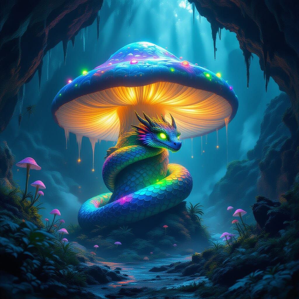 Bioluminescent Fungal Dragon in a Dark Fantasy Cave