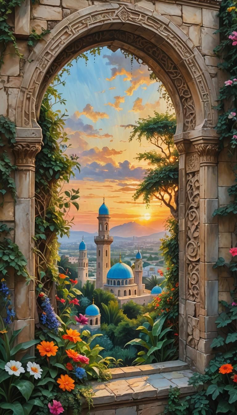Historic Cityscape at Sunset: An Oil Painting