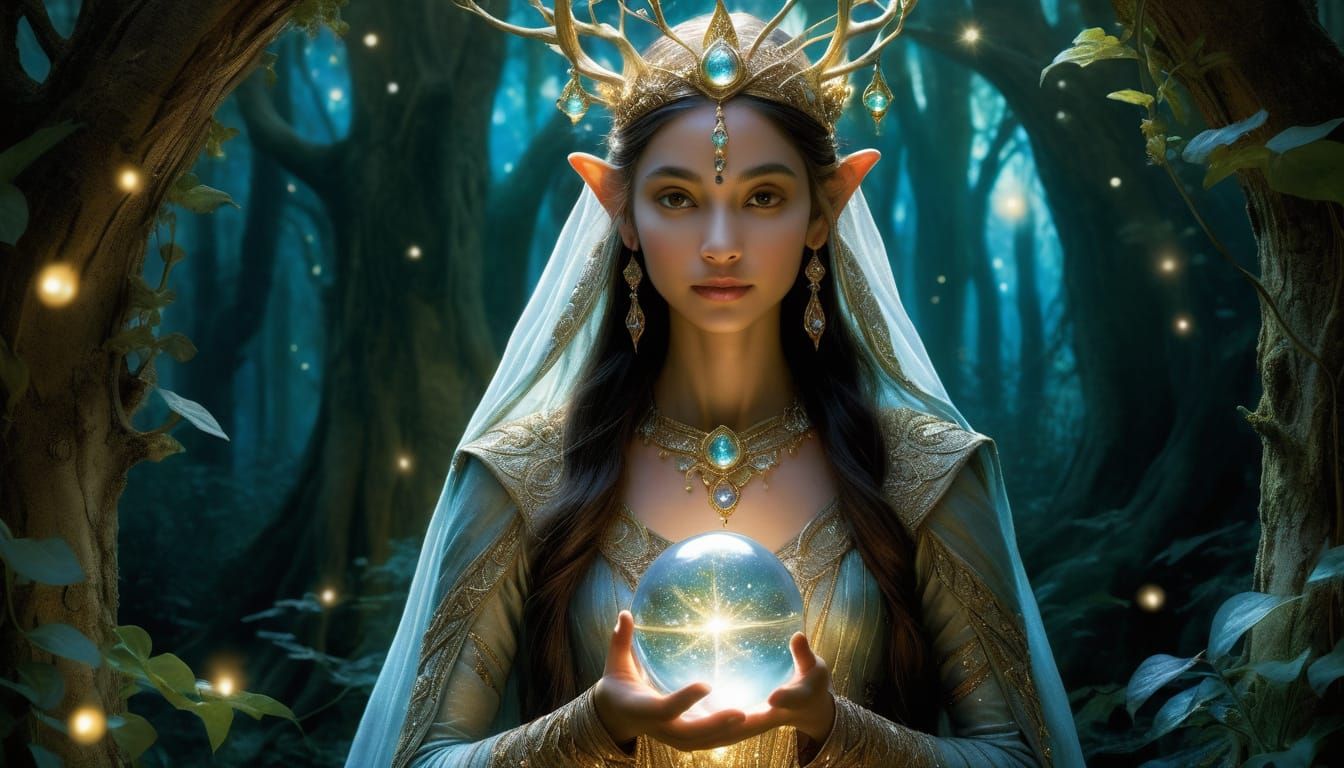 Elven Queen in Enchanted Forest, Fantasy Art