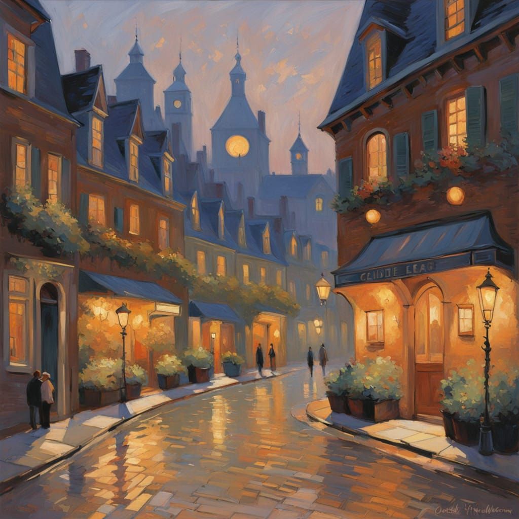 Romantic Cobblestone Street at Dusk in Impressionist Style