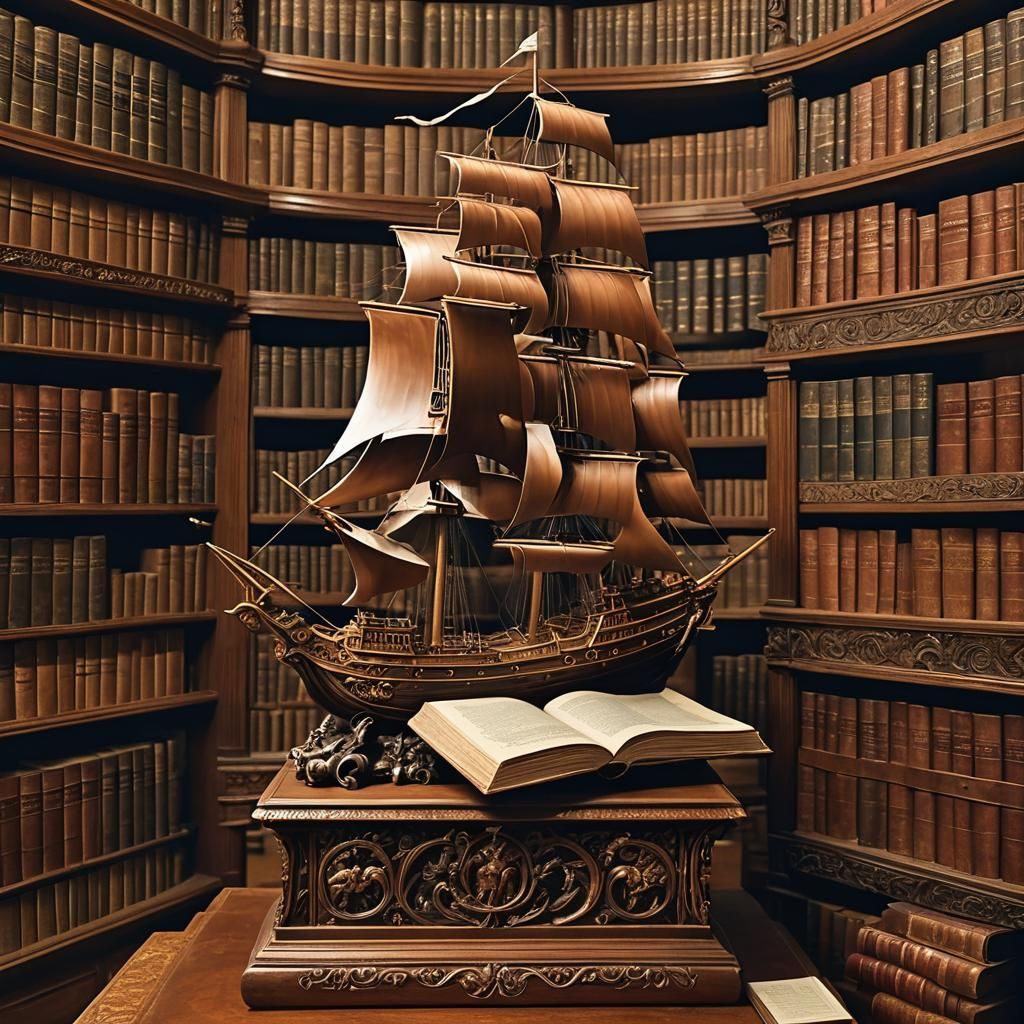Frigate Rising from Ancient Book in Library