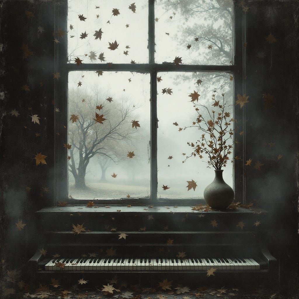 Surrealism Landscape with Piano and Fallen Leaves