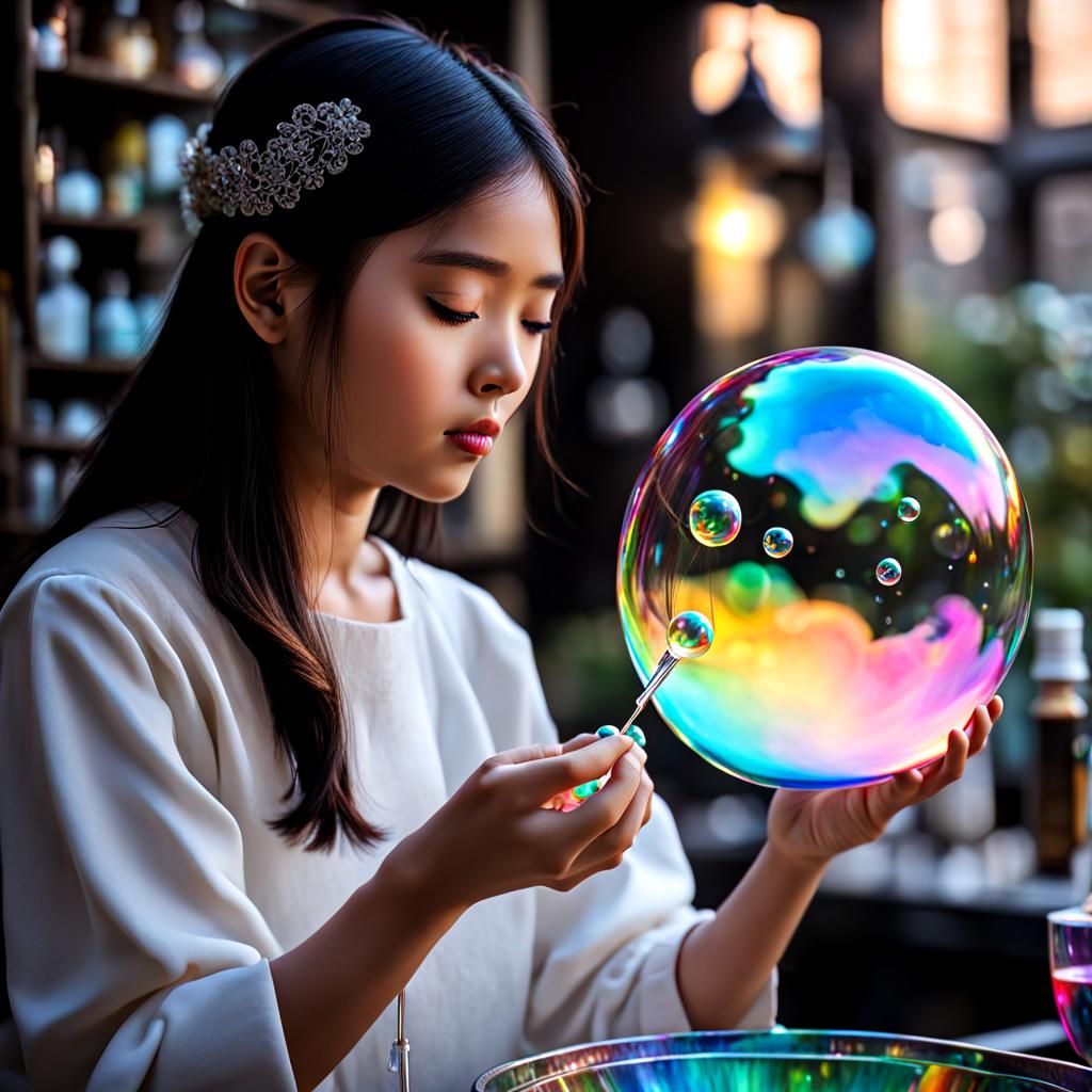 Girl Making Iridescent Soap Bubbles