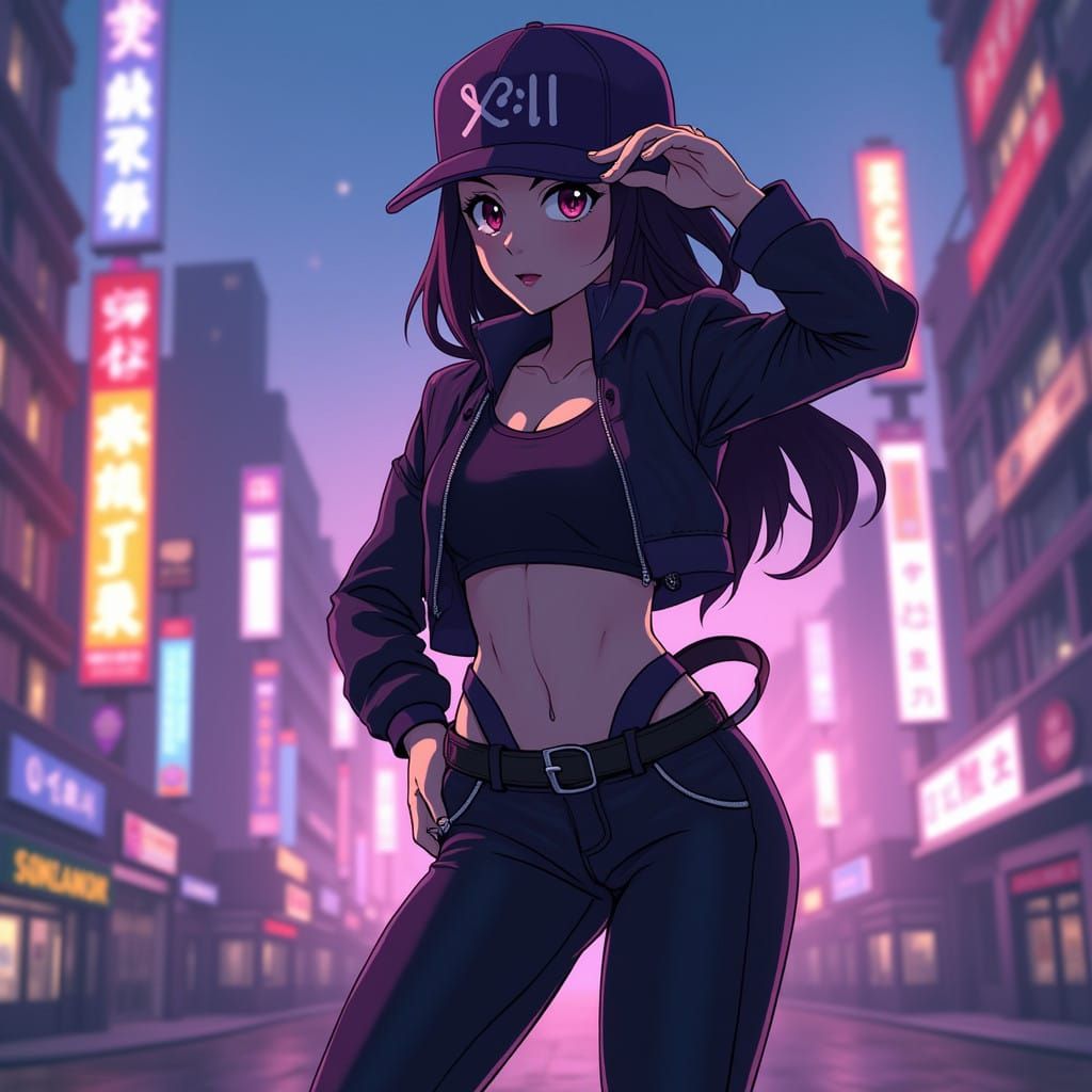 Confident Pokémon Trainer Posing in Neon Cityscape at Dusk