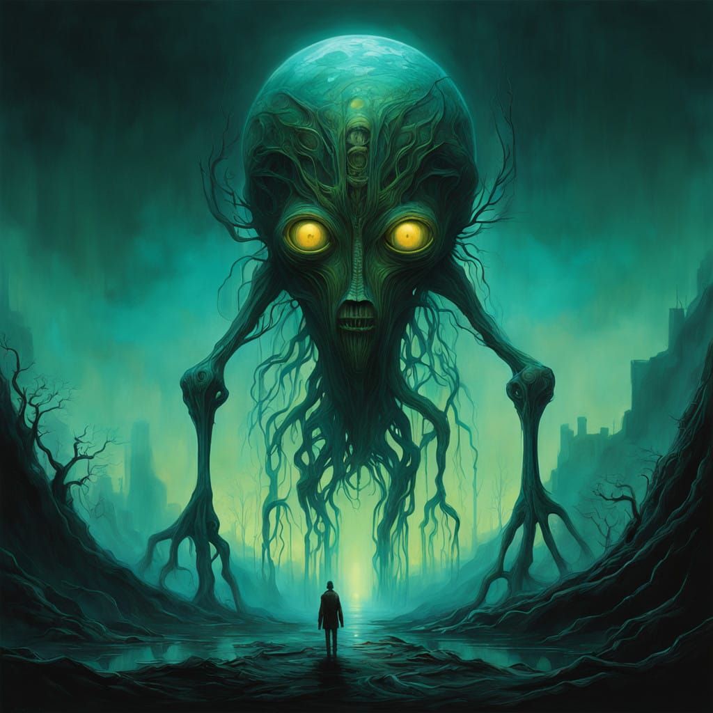 Ethereal Alien Entity in a Haunting, Bioluminescent Landscap...