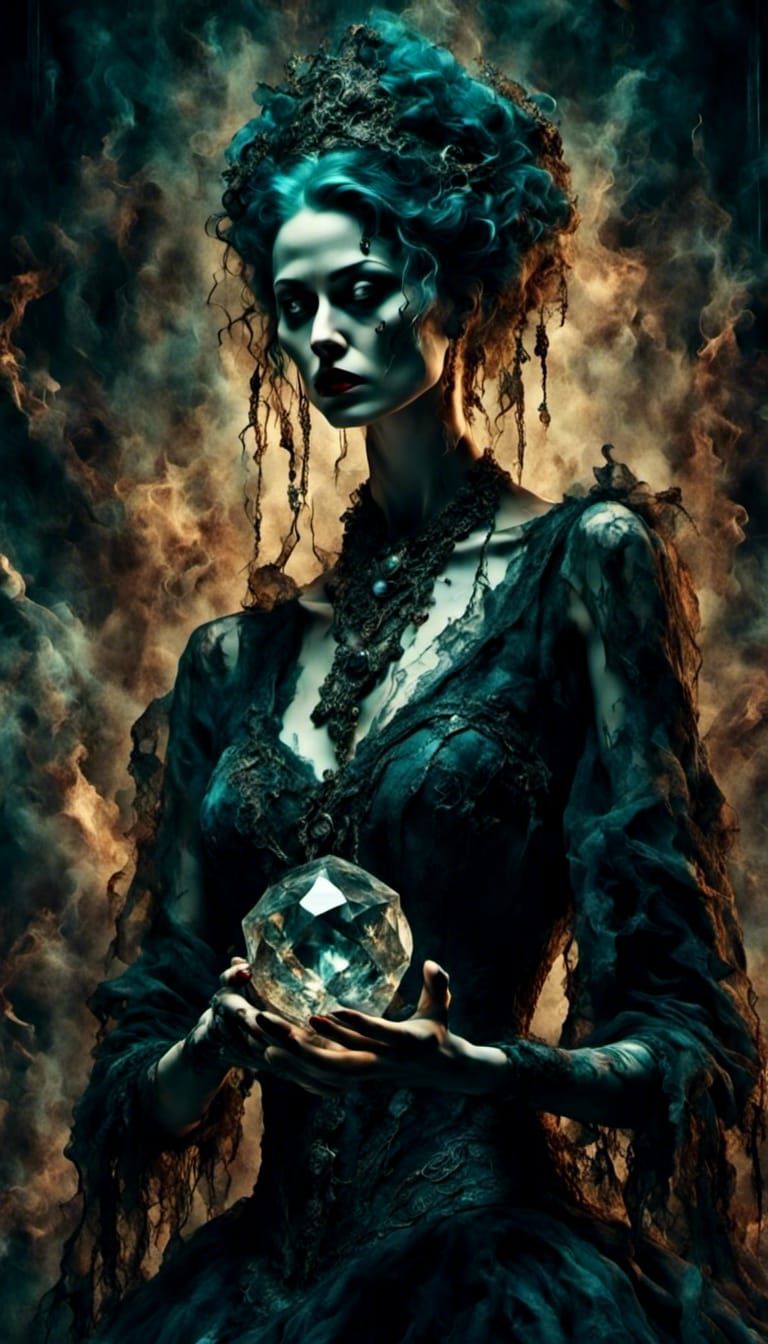 Woman Holding Crystal with Macabre Details