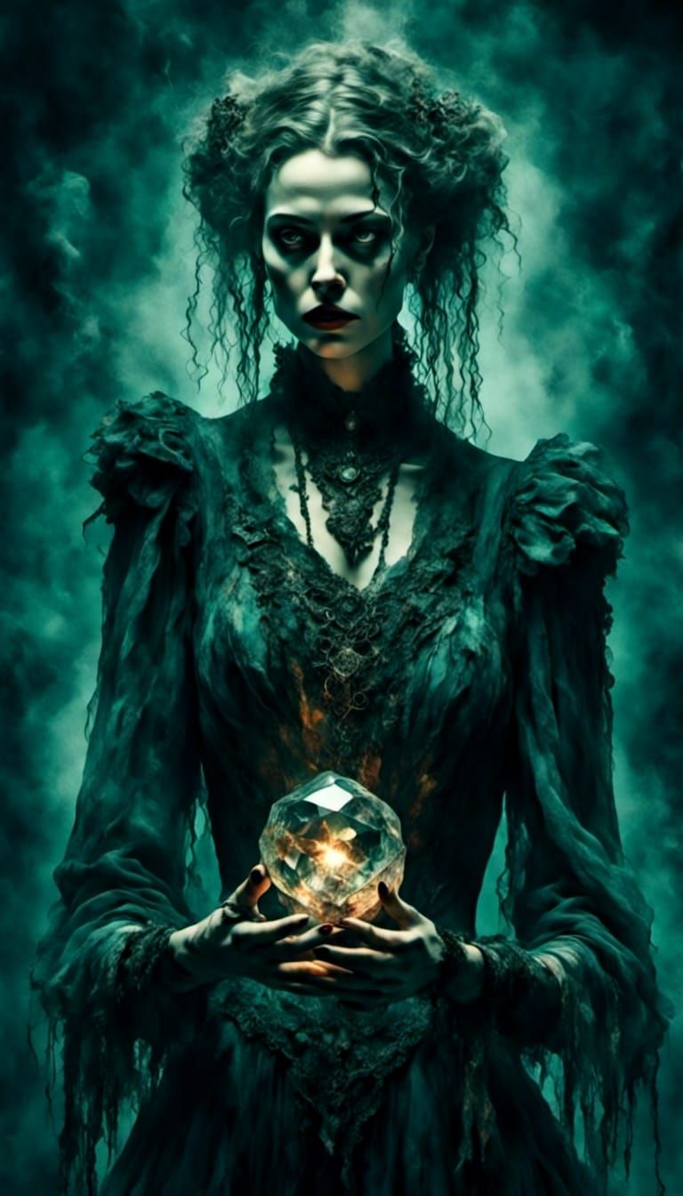Woman Holding Crystal with Macabre Style