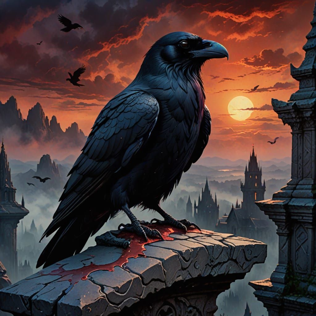 Ethereal Raven perched on Gothic Gargoyle at Sunset