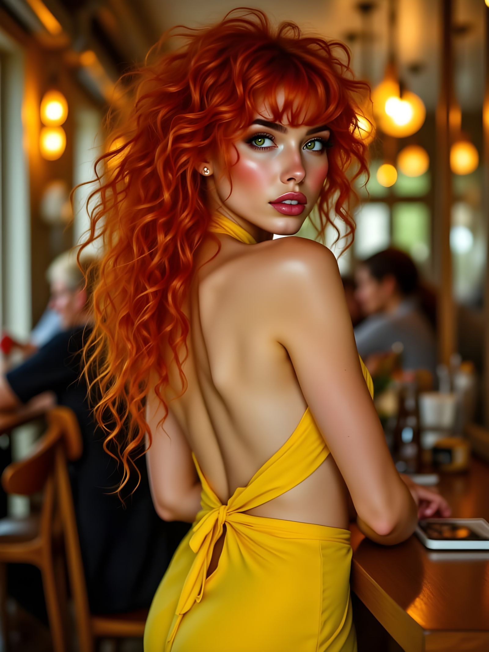 Redhead in Cafe with Open Back Dress