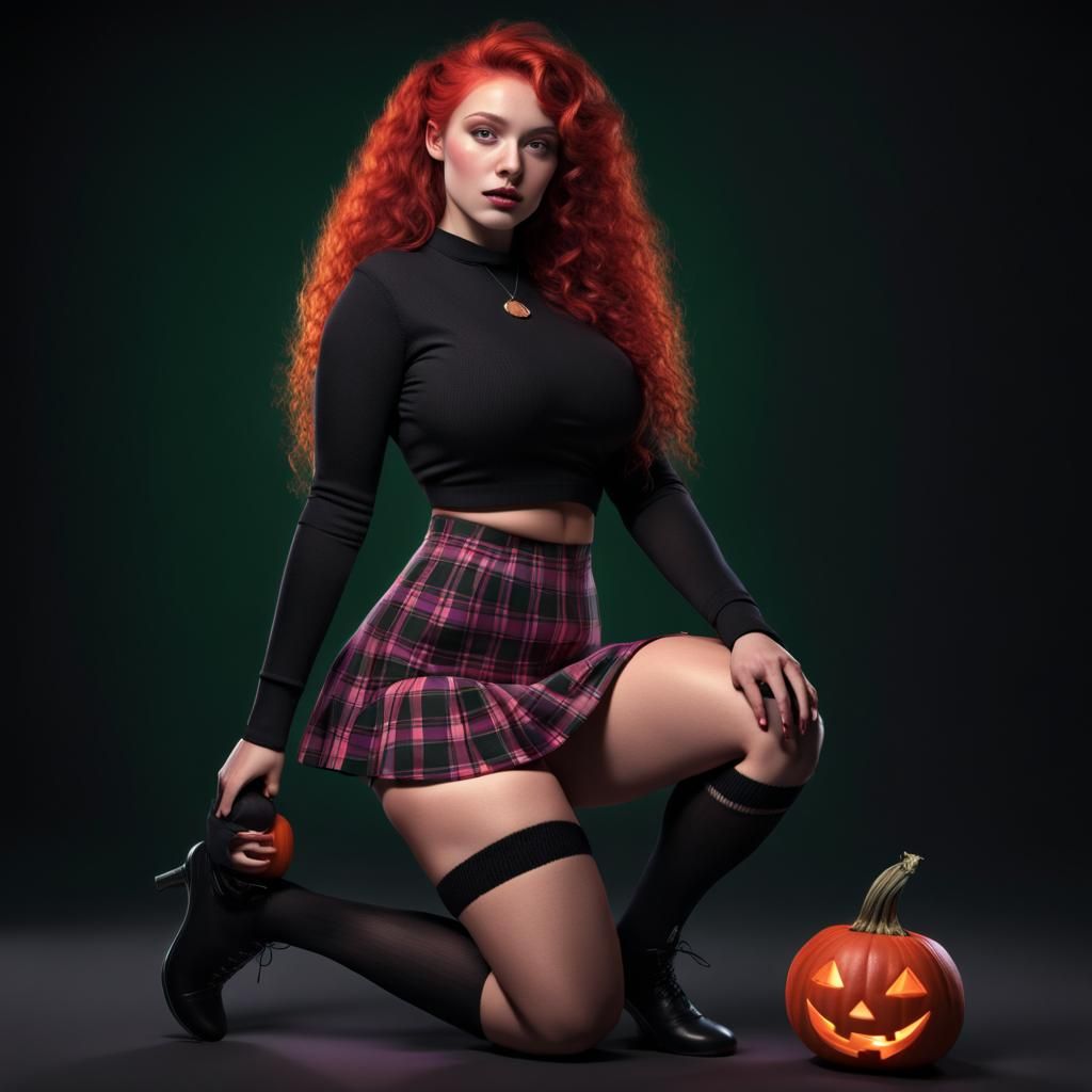 Petite Redhead Athlete with Jack-o'-Lantern