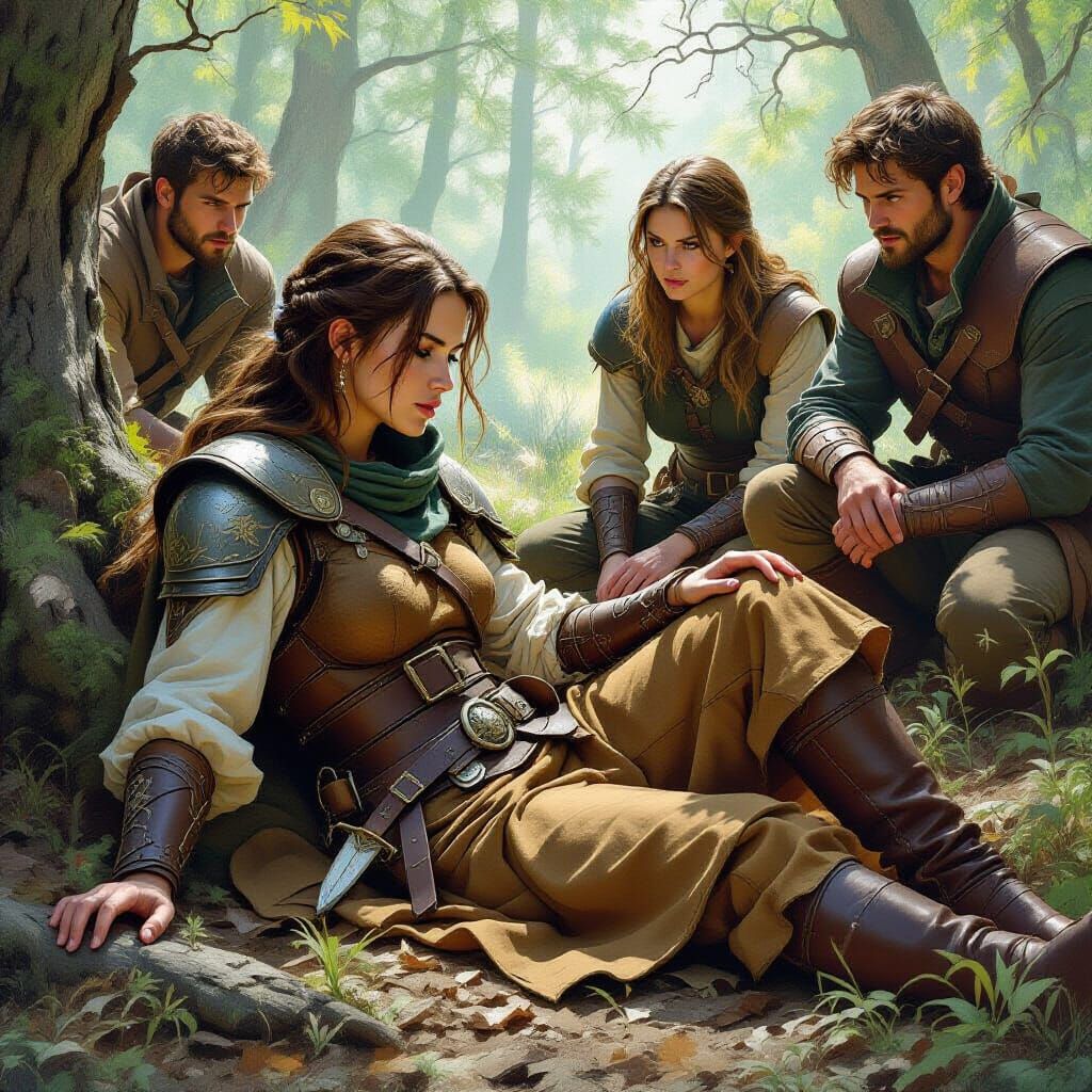 Wounded Hunter Cared For in Forest Scene